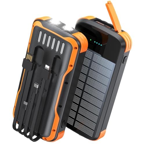 SOXONO Solar Charger Power Bank, PD 20W Fast Charging External Batter, 40000mAh Portable Phone Charger Built in 4 Cables with Dual Bright Flashlights for Camping, Hiking, and Outdoor Use