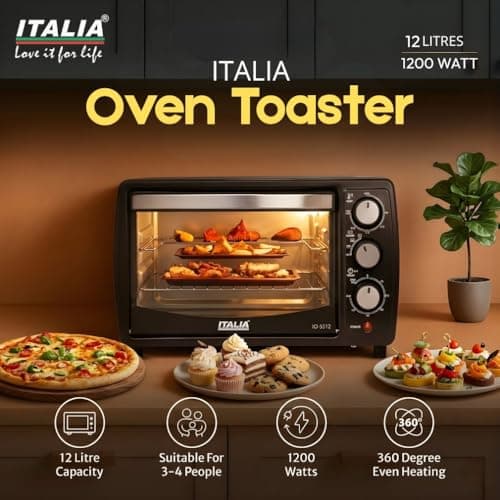 ITALIA Premium 12L Multi-Function OTG for Kitchen, 1200W Oven Toaster Griller, Bake Grill Toast, Oven for Baking, Adjustable Temperature & Timer, Black, Unique 3 Key Setup, 1 Year Warranty (Black) 4