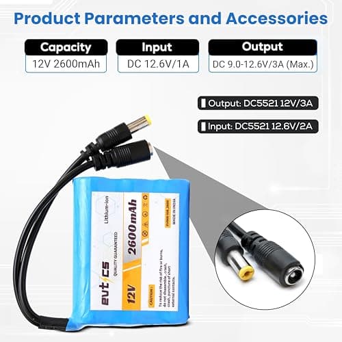 Evtics® 12V Li-ion Battery Pack 2600mAh 3S 18650 Rechargeable Lithium-ion Battery (11.1V–12.6V) for Power Banks IoT Devices Bluetooth Speakers Robotics & Industrial Applications 2