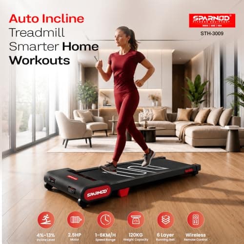 Sparnod Fitness STH-3009 Auto Incline Walking Pad Treadmill for Home Use, 2.5 HP Motor, Speed Range 1-6 km/h, 13% Auto Incline, Remote Control, Shock Absorption System, Max User Weight 120 Kg 2