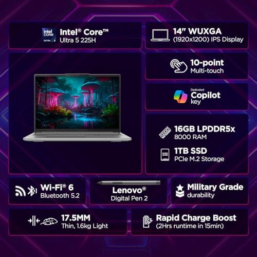 Lenovo IdeaPad 5 2-in-1 Intel Core Ultra 5 225H (16GB RAM/1TB SSD/14 (35.5cm)/WUXGA IPS/AI PC/Windows 11/Office Home 2024/Lenovo Digital Pen 2/1Yr ADP/Grey/1.6Kg), 83KR000HIN Convertible Laptop 2