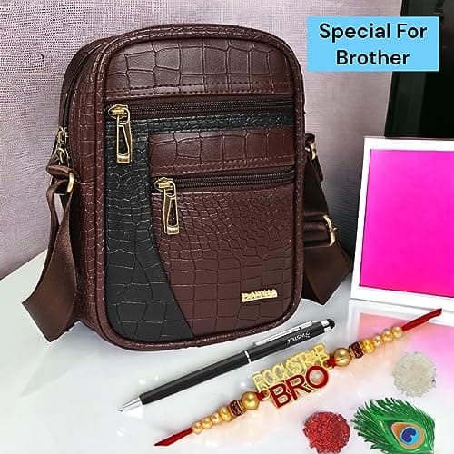 Pramadda Pure Luxury Stylish Vegan Leather Sling Messenger Bag For Men | Special Rakhi Rakshabandhan Gift For Brother | Rakhi For Brother Combo Gift Set. 3