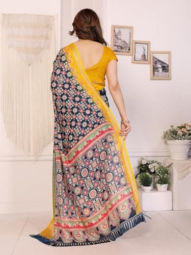 RAJESHWAR FASHION WITH RF Women's Traditional Silk Saree with Floral Print, Navy Blue and Yellow, Contrast Border with Tassels 5