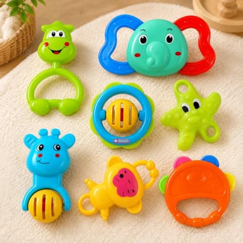 Storio Baby Products Toys 7 Pcs Rattle Set with Teathers for New Born Baby Gifts, Toy for Babies, Non-Toxic