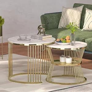 Callas Modern Nesting Coffee Table Set of 2 with Marble Finish Engineered Wood Top and Gold Metal Frame | Round Living Room Center Table for Sofa Side Home Decor | Pre-Assembled (White, CT-03)