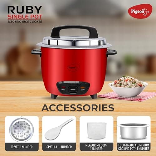Pigeon by Stovekraft Ruby Rice Cooker with Single pot, 1.8 litres.(Red) | Stainless Steel Lid | 700 Watts | 1 Aluminium Cooking Pot | Measuring Cup| Spatula | Energy Efficient Cooking 5