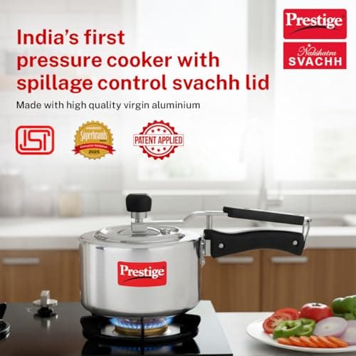 Prestige 1.5Litre Aluminium Nakshatra Svachh Innerlid Pressure Cooker|Deep lid for spillage control|Virgin Aluminium|Gas Compatible|Metallic Safety Plug|Sturdy Handles|5 Years warranty|ISI Certified 2