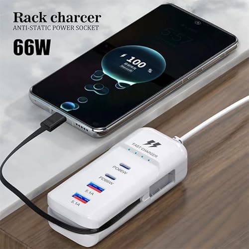 WISTAR 66W USB Hub Charging Station 2-USB & 2-PD Ports Safe Fast Charger with Type-C Cable, Multi-Device USB C Charging Hub, Durables USB Fast Charging Desktop Charger for Phone, Tablet 4