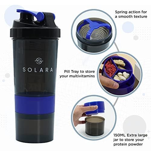SOLARA Protein Shaker Bottle - 650 ML Gym Shaker Bottle & shakers for Protein Shake - Two Layer Extra Storage for Protein Powder & Nuts, Mobile app with 50+ Home Fitness Videos eBooks, Black & Blue 3