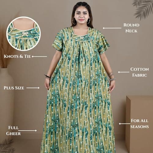 Bejod's Collection Women Cotton Nighty Maxi Nightdress – Printed Floral Full-Length Nightgown, Plus Size Loose Fit Sleepwear XL-3XL Summer Nightwear for Women (Green, XXL) 5