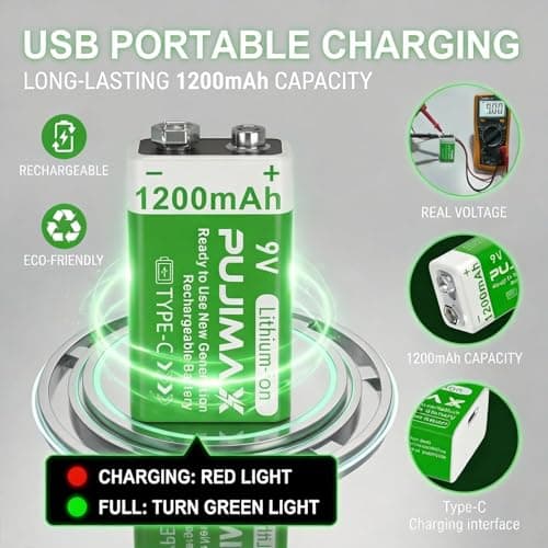 PUJIMAX® 9V Rechargeable Battery 1200mAh — High‑Capacity Lithium‑Ion with USB‑C Charger Cable, Long Life (1200+ Cycles), 10‑Year Shelf Life, Reliable 9V Output — 1‑Pack 3