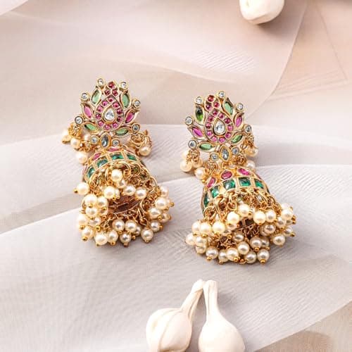 Rubans Womens 22K Gold-Plated Ruby Pink, Emerald Green & White Kundan Studded Pearl Beaded Necklace Set 5