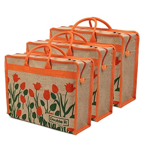 DOUBLE R BAGS Jute Eco-Friendly Tote Bag: Stylish, Spacious, and Sustainable - Perfect for Everyday Errands and Adventures! (Orange, Pack of 3)