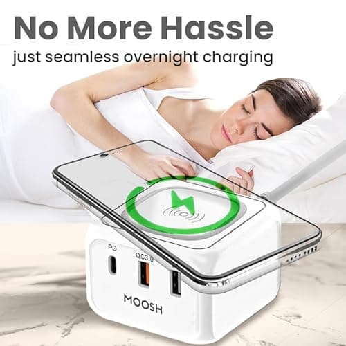 Moosh USB Charger Multi Port Wireless Charging Station 33W Cube with 10W Wireless Charging Dock 18W Power Delivery Type C Port + QC 3.0 + USB A Home Charger 1.5M Cable India Pin Smart Charger (White) 5
