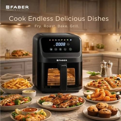 Faber 6L 1500W Digital Air Fryer | Fry, Bake, Roast | 85% Less Oil, 200°C Swirl Heating Technology |8-Preset Menu|View Window|Touch Control Interface| Auto Shut-Off |2 Yrs Comprehensive warranty|Black 3