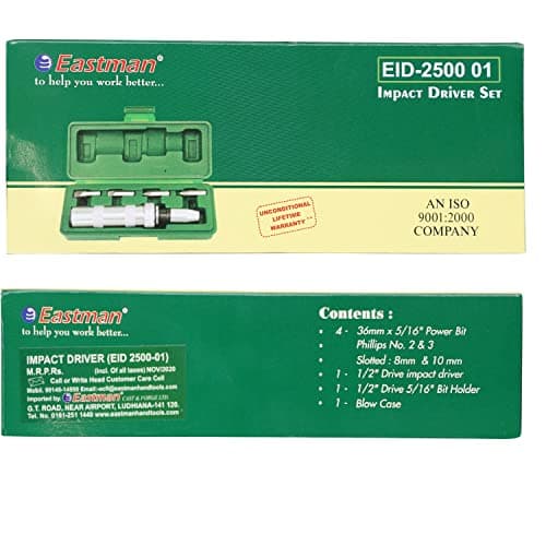 Eastman Impact Driver Set Of 6 Pcs, Screwdriver Sets Portable, Carbon Steel Handle With Socket Adapter And CRV Bits, Chrome Plated, Heat Treated (EID-2500-02) 3