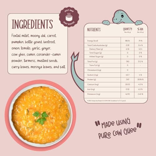 DINO DINE! Baby Food 12 to 18 Months | Vegetable Foxtail Millet Khichdi | Instant Khichdi Mix for Toddlers | No Preservatives | Travel Friendly | Ready Healthy Meal in Just 5-10 Minutes (Pack of 3) 2