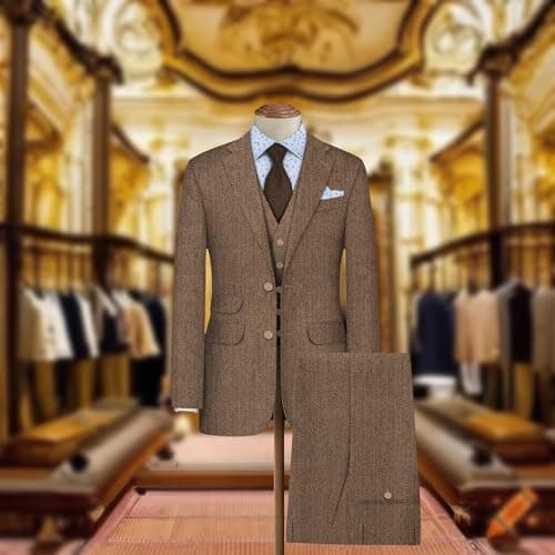 BIGREAMS Unstitched Brown Herringbone Wool Blazer Yarn-Dyed Fabric for Three Piece Suit | 58" Wide, Wrinkle Free, Best for Coat Pant, Nehru Jacket,Free Size (1.2 Meter for AS Per Your Use) 2