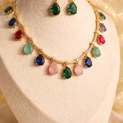 Dvina Glow Multicolor Teardrop Necklace Set for Women | Gold Plated American Diamond Jewelry Set with Earrings | Bridal Wedding & Occasion Wear Jewellery | Festive Traditional Designer Necklace 3