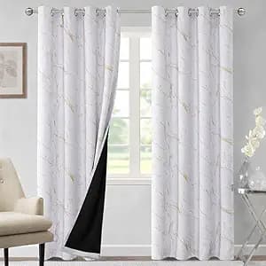 BFAM Marble Print 100% Blackout Curtain with Black Linning at Back,Golden Marble Print Curtains for Living Room/Bedroom Thermal Insulated Energey Saving 5 Feet Pack of 1 Curtain
