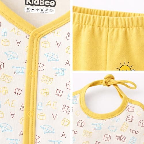 Kidbee Baby Clothing Gift Set for Boys & Girls, 5 Piece Newborn Clothing Combo with Front Open Top, Pajama, Printed Pant, Cap & Bib, Soft Cotton, 0–6 Months Baby (Yellow-CMB-501) 4