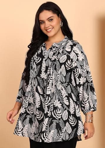 Yash Gallery Women’s Plus Size Black Leaf Print Wrinkle-Free Tunic Top with Pintucks & Button Placket 3