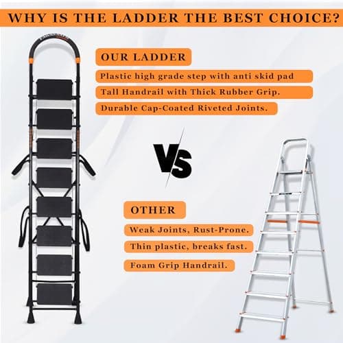 Parasnath 8 Step GoUp Steel Ladder Black Colour Foldable Step Ladder - Light Weight Step Ladder Anti Skid Plastic Steps - 6 Year Manufacturer Warranty - Made in India 3