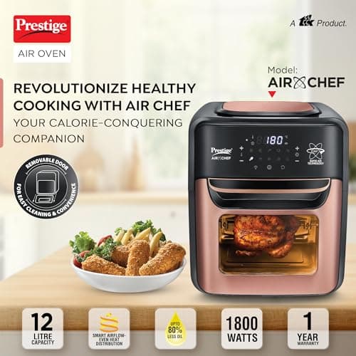 Prestige AirChef 12L Air Fryer Oven | 1800 Watts | 360° Rapid Air Technology | Multi-level Cooking | Rotisserie | 10 Preset Menu | 80% less Oil Consumption | Rose Gold | 1Y Warranty | ISI Certified 2