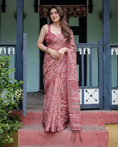 Kaugalian store Linen Cotton Traditional Printed Maroon Saree For Women With Unstitched Blouse Piece 4