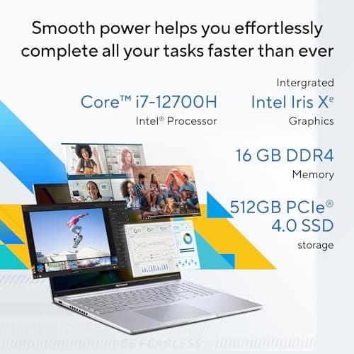 ASUS Vivobook 16, Intel Core i7-12700H, 16GB DDR4, 512GB SSD, WUXGA 16:10 60Hz, 16"/40.64cm, Windows 11, MS Office 2021, Transparent Silver, 1.88KG, X1605ZAC-MB741WS, Intel Iris Xe Graphics Laptop 2