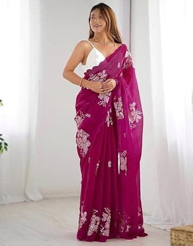 Flosive Women's Shimmer Organza Sequence Embroidery Saree With Unstitched Blouse Piece (PURPLE) 4