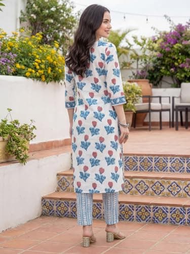 INDO ERA Women's White Pure Cotton Floral Printed Straight Fusion Kurta & Pant with Dupatta Set 3