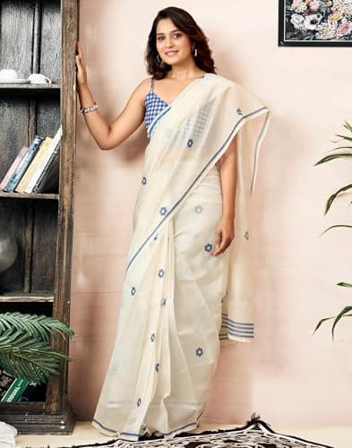 SIRIL Women's Chanderi Cotton Printed Ready To Wear with Pocket Saree with Unstitched Blouse Piece (47RS437_Off white) 3