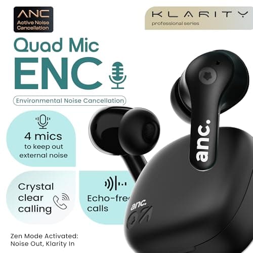 GOBOULT Klarity 4 ANC in-Ear Truly Wireless Earbuds 35dB Active Noise Cancellation, 60H Playtime, 4Mics Calling, 45ms Low Latency, 10mm Driver, Type-C Fast Charging(Electric White) (Jet Black) 5