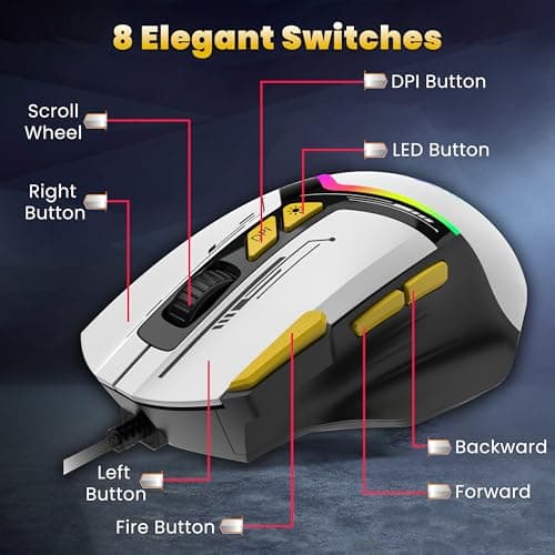 Ant Esports GM333 Smartchoice Wired Gaming Mouse, 12800 DPI Optical Sensor, Ergonomic Design, RGB Lighting, Huano Switches, 1.5M Braided Cable, Inbuilt Software Support, Black/White/Yellow 3