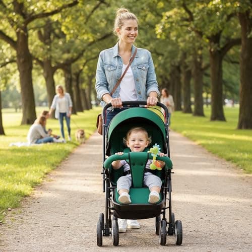 Amazon Brand – Supples Baby Stroller/Pram for Newborns & Toddlers (0–3 Years) | Foldable, 5-Point Safety Harness, Reclining Seat, Storage Basket, Adjustable Backrest, 360° Wheels | Green & Black 5