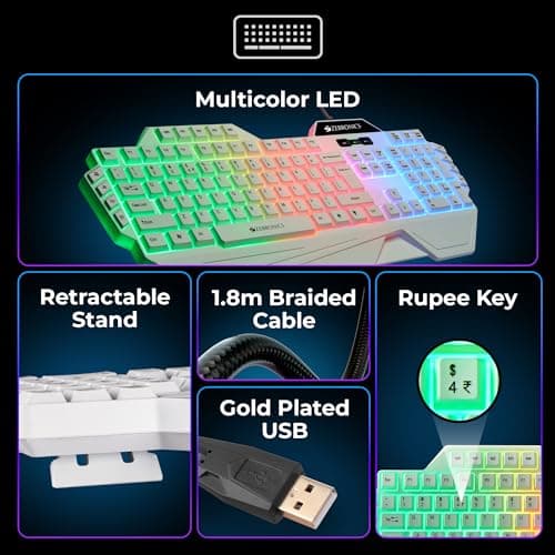 ZEBRONICS Optimus Gaming Keyboard & Mouse Combo, Braided Cable, Gold Plated USB, Upto 3600 DPI, 6 Buttons, High Resolution Sensor, Multicolor LED, Dedicated Macro Keys, 117 Keys (White) 4