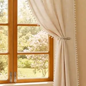 HOMEMONDE Window 5 Feet Curtains Sheer Linen Textured Panels Set with Decorative Border Pompoms, Solid Beige - (Hangs Style - Rod Pocket)
