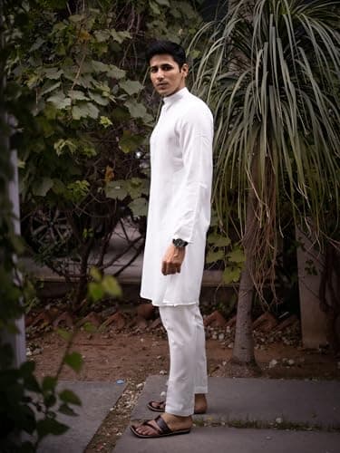 hitch India Men's White Kurta Pajama Set Traditional Indian Ethnic Wear Full Sleeves Mandarin Collar (in, Alpha, L, Standard, White) 5