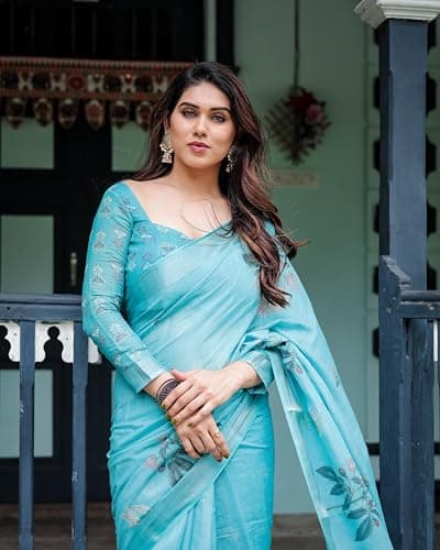 Kaugalian store Linen Cotton Floral Printed Light Blue Saree For Women With Unstitched Blouse Piece 3