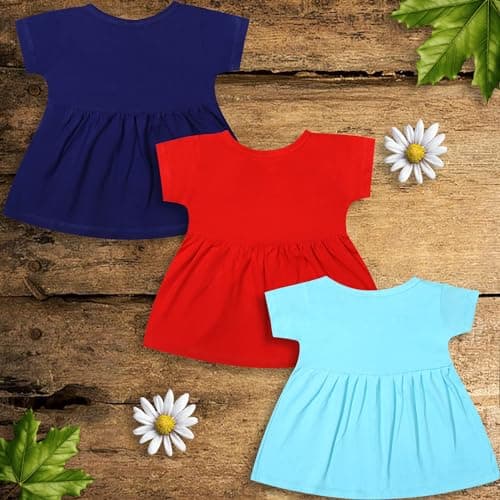 KIDEEZGUILD Pure Cotton Baby Girls Frock Dress Front Open Soft Breathable Half Sleeve Knee Length Daily Casual Wear Solid Color Summer Girl's Dress (IN, Age, 9 Months, 12 Months, Regular, Set of 3 A) 5