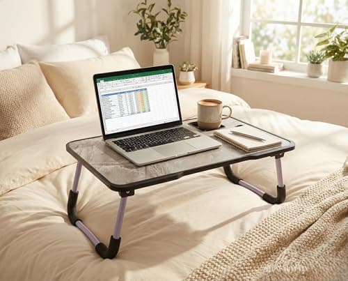 VISBY INDIA Foldable Wooden Mini Laptop Table for Bed, Study Table with Drawer, Tablet/Mobile Holder for Kids & Adults (MARBLE NEW)