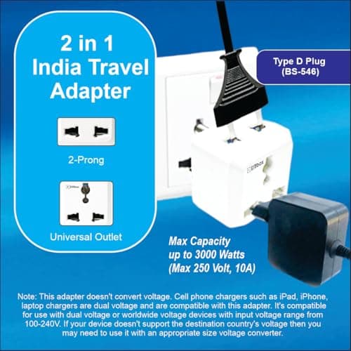 Embox 2 Pin Multi Plug Socket Type D Universal Adapter Compatible with US, UK, China Compact Plug Extension Socket and Converter for Computer Laptop Phone Camera, 6A Pack of 1 2