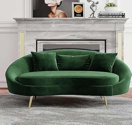 Luxury Green Velvet Curved Sofa for Living Room | Modern 3-Seater Designer Couch with Gold Legs | Stylish Upholstered Sofa Set for Hall & Drawing Room Furniture