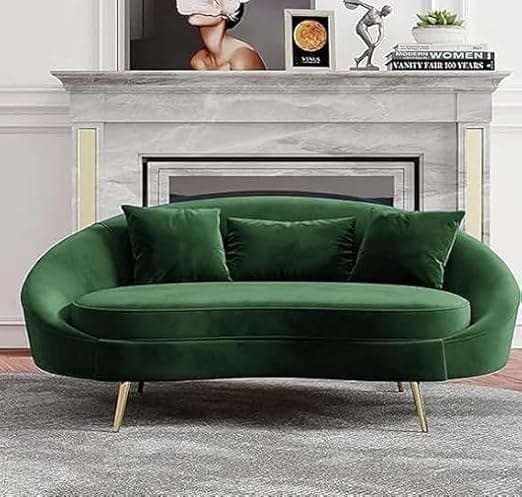 Luxury Green Velvet Curved Sofa for Living Room | Modern 3-Seater Designer Couch with Gold Legs | Stylish Upholstered Sofa Set for Hall & Drawing Room Furniture