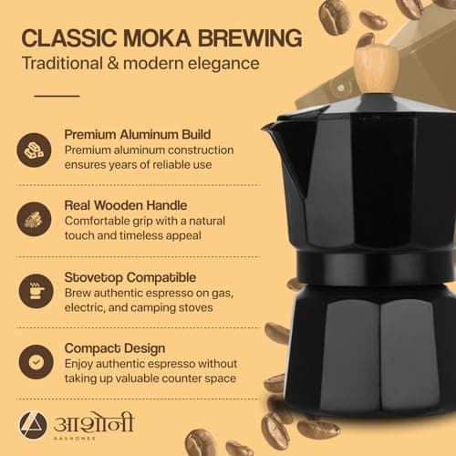 AAshonee Italian Coffee Maker | Espresso Moka Pot 3 Cup (150ml) | Black Aluminum Stovetop Espresso Maker | Real Wooden Handle 2