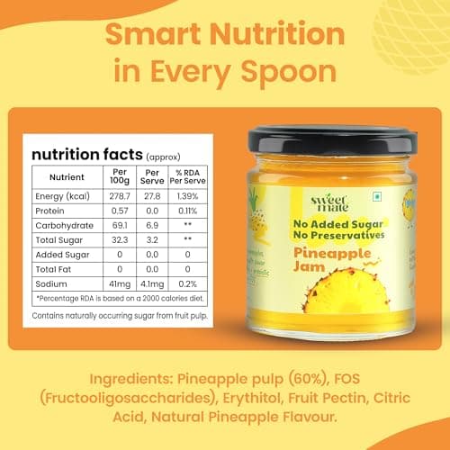 Sweetmate Pineapple Jam - 220g | No Added Sugar | 100% Pure Fruit Pulp & Healthy Fiber | No Preservatives, Colors & Artificial Flavors | Diabetic & Keto Friendly Jam 2