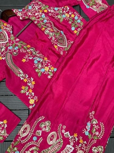 flysta Women Embroidered Jacket Palazzo Set Heavy Chinon Indo Western Ethnic Outfit (Rani Pink) 4