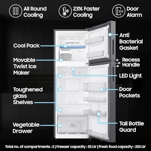 Samsung 256 L, 3 Star, Convertible, Digital Inverter Frost Free Double Door Refrigerator (RT40H30U3THL, Silver, Matt Doi Metal, 2026 Model) 5