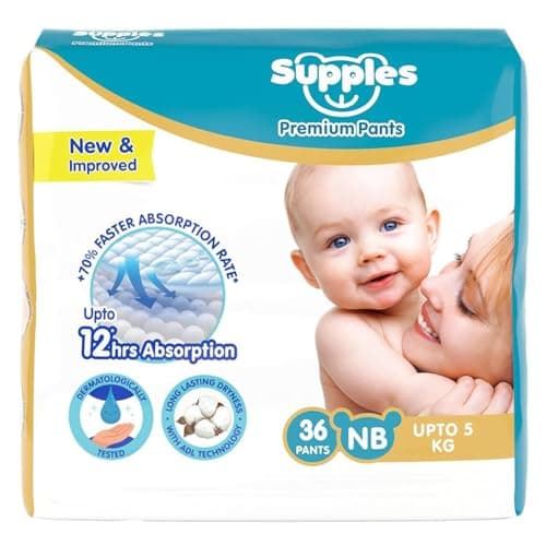 Amazon Brand - Supples Premium Diaper Pants | for Newborn Babies | 36 Diapers | NB/XS | Up to 5 Kg | 12 Hrs Absorption | Cushiony Cotton Soft Fabric | Phthalates-Free | Triple Leak Guard